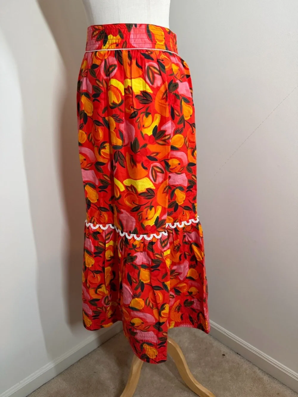 NEW Farm Rio Anthropologie Fruit Print -SZ L- Tiered-Flare Midi Skirt Orange Red